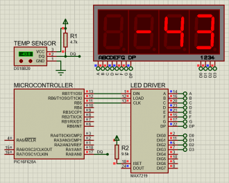 PIC16F628A with DS18B20 temperature sensor and MAX7219 LED driver